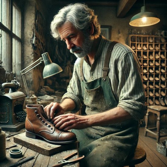 DALL·E 2024-09-11 12.17.17 - A realistic orthopedic shoemaker in his small, cluttered workshop. He is a regular person in his 50s or 60s, wearing worn-out clothes with signs of da