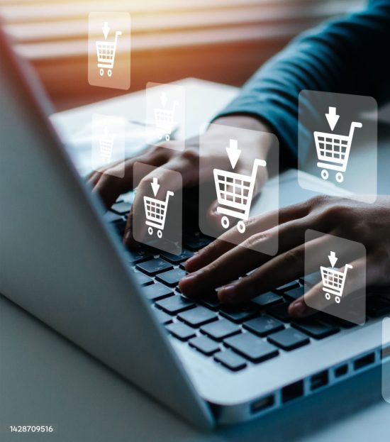Shopping Online. woman hand online shopping on laptop computer with virtual graphic icon diagram on desk, payment online, digital marketing, business finance, internet network technology concept