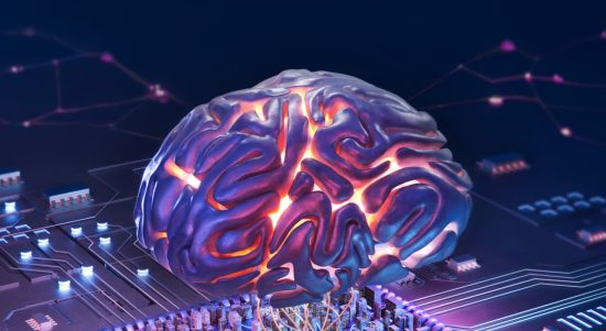 A striking, digitally generated image showcasing a human brain connected to an intricate circuit board, symbolizing the fusion of human intelligence with artificial intelligence technology.